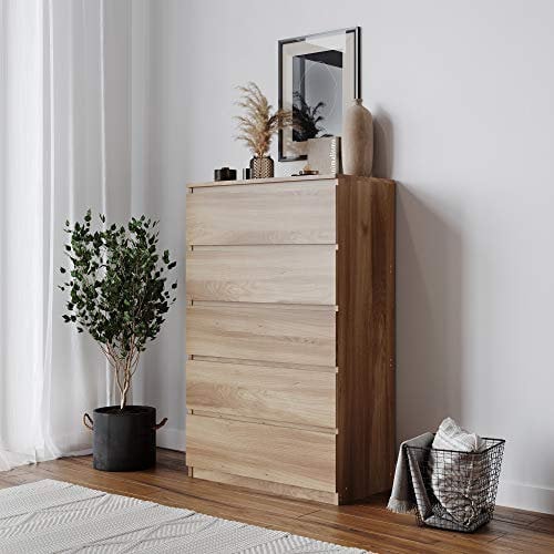 URBNLIVING 4 Or 5 Drawer Skagen Wooden Bedroom Chest Cabinet No Handle Storage Cupboard Modern (Oak Carcass + Oak Drawers, 5 Drawers)