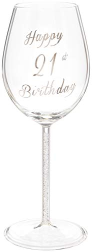 Maturi Happy 21st Birthday Wine Glass with Silver Diamond Stem - 400ml / 13.5 Fluid Ounces