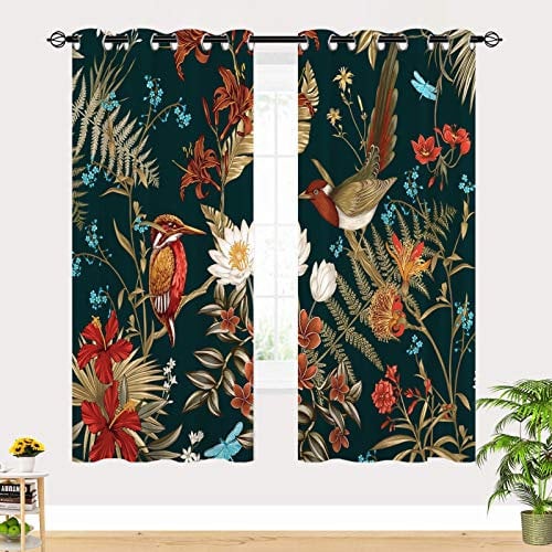 YUANZU Bird Curtains, Tropical Forest Jungle Plant Flower Tree Leaves 3D Print Patterned Eyelet Thermal Insulated Room Darkening Blackout Window Drapes for Bedroom Living Room 2 Panels W117cm x D183cm