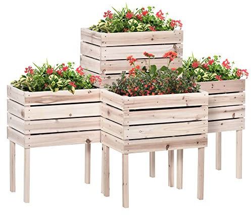 Outsunny 4 TLG. Hochbeet Pflanzkübel Pflanzkasten aus Holz 4 Kombinationsmodi im Garten und Balkon 50 x 30 x 60 cm Natur