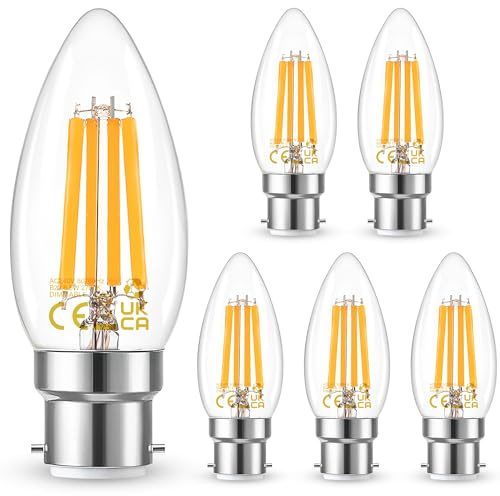 B22 Bayonet Cap Candle Filament Light Bulbs LED 6.5W 60 Watt Dimmable 2700K | Retro Warm White, Vintage Edison Energy Saving Lightbulbs for Chandeliers, 800LM, Pack of 6