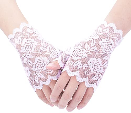 KINBOM Spitzenhandschuhe Fingerlos, Blumenmuster Braut Handschuhe Weiss Spitze für Hochzeit Spitzenhandschuhe Kurz Lace Gloves Fingerless für Damen Teeparty Abschlussball Maskerade, Ein Paar (Weiß)