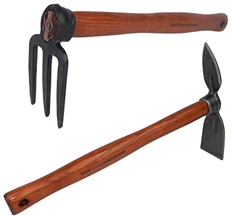 REX Set Häckchen 3 Zinken + Doppelhacke Breitblatt, Herzblatt - Geschmiedet - mit Stiel 40 cm