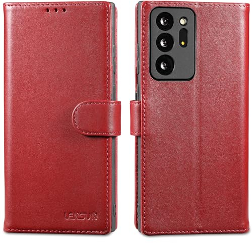 LENSUN Echtleder Hülle für Samsung Galaxy Note 20 Ultra, Handyhülle Echt Leder [Magnetverschluss] RFID Handytasche Lederhülle für Galaxy Note 20 Ultra 5G-Weinrot