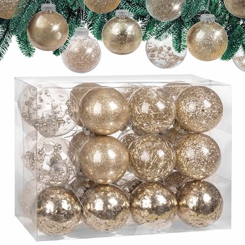 CASARIA 24 Clear Fillable Christmas Baubles with Decorations Gold Pink Red | Customisable Clear Bauble Balls with Decorative Fillings for Christmas Trees Halloween Crafts Parties and Festive Displays