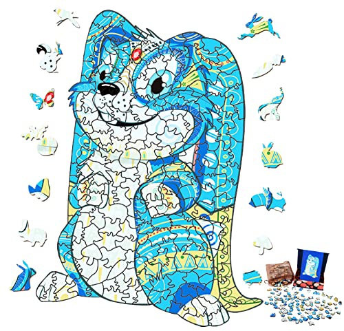 WINKIM Wooden Jigsaw Puzzles for Adults, 3D Unique Animal Puzzle Wooden Jigsaw Puzzles for Kids, Family Games and Decorative Gifts Collection (Blue Bunny)(M 21 * 30CM)