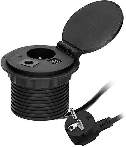 Miratic Prise Encastrable Plan de Travail Ø 8 cm avec Chargeur à Induction 2 Ports USB (A, C) Câble de 1,8 m avec Presse-étoupe Noir