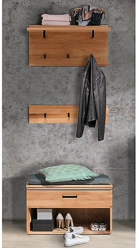 Lomadox Garderoben Flur Set Garderobenpaneel Hakenleiste Bank mit Kissen in Eiche massiv geölt, B/H/T: ca. 80/200/39 cm