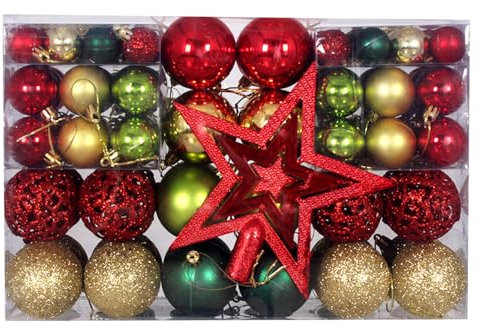 101 Pieces Shatterproof Baubles Set Christmas Tree Decorations Ornament Balls With Tree Topper Hanging Home Xmas Decor φ3,4,6 CM Baubles, Christmas Balls, Red Gold Green