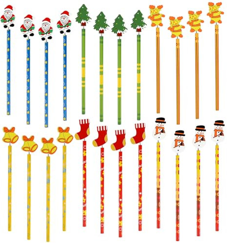 Qpout 24pcs Christmas Pencils Assortment mit Holzaufsatz Decorated Navideños A Granel Lustige Feiertagsbleistifte Bulk für Kinder Schüler Weihnachtsfeier Favor Schulmaterial Klassenzimmer