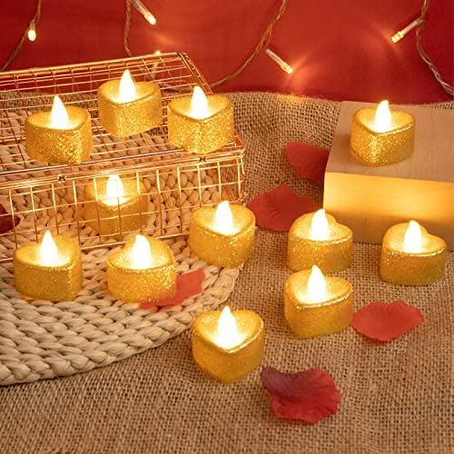12cs Petite Bougie LED à Paillettes Dorées en Forme de Cœur, Bougies Chauffe-plat sans Flamme, pour Noël, Demande en Mariage, Fête