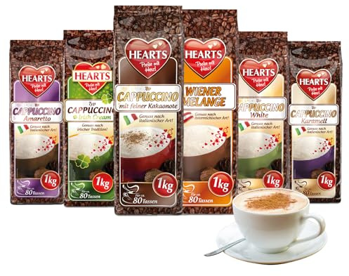 HEARTS Cappuccino Mix, 6er Probierpaket á 1kg (Wiener Melange, Irish Cream, Amaretto, Karamell, White & mit feiner Kakaonote) Familienpackung