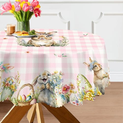 cusugbaso Runde Oster-Tischdecke, 178 cm, rosa kariert, Osterdekorationen für Zuhause, Tisch, Party