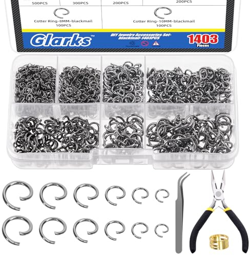 Glarks 1403Pcs 10mm 5mm 4mm 7mm 8mm Open Jump Rings Kit, Iron Round Ring Connectors Nickel Free Gun Black O Rings for Jewelry Making Connectors and Necklace Repair