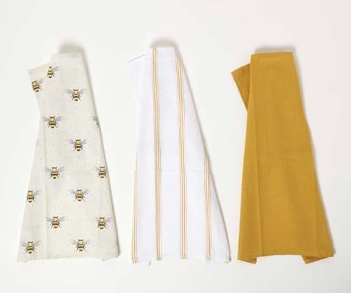 Bees 3 Pack Tea Towels - 3 Types in Pack - Flat & Waffle Cotton Towelling Tea Towels