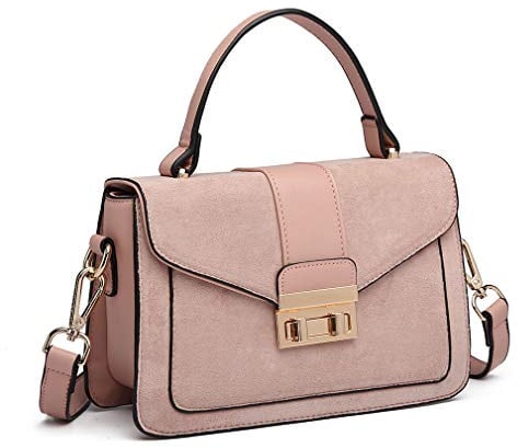 Miss Lulu Damen Handtasche aus Kunstleder, Mittelgroße Umhängetasche, Rosa | Vintage Klappentasche mit Wildleder-Einsätzen, ovalem Metall-Detail, Griff und abnehmbarem Schultergurt
