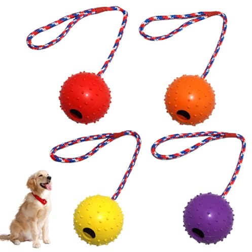 4 Ball mit Schnur Hund, ø 5/30 cm Hundeball mit Schnur, Hundespielzeug Ball mit Seil, Wurfball Hund, Weich und Elastisch Vollgummiball für Große & Kleine Hunde Werfen Fangen (Rot Gelb Orange Lila)