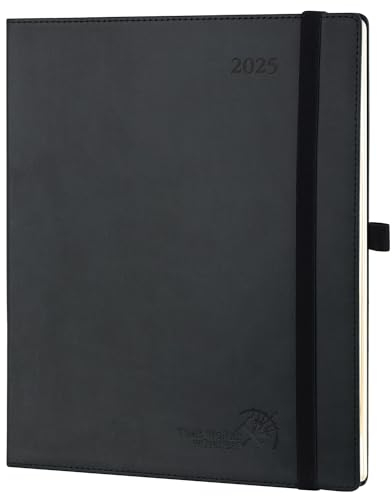 POPRUN Kalender 2025 Wochenplaner Softcover mit PU-Leder, ca. A4 (26,5 x 21,5 cm), 12-Monate-Terminplaner (Jan.2025-Dez.2025) 1 Woche 2 Seite mit 100 GSM Zertifiziertem Papier - Schwarz