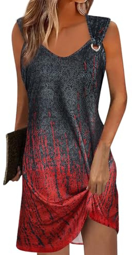 Yeenily Robe Femme Col en V sans Manches Décontractée Plage Robes Chic et Elegant Été Couleur Unie Mini Longue Tunique Robe (Noir-Rouge Impression, XL)