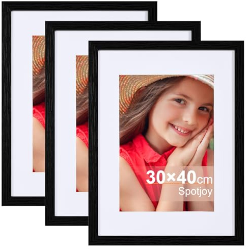 Spotjoy Bilderrahmen 3er Set 30x40 cm mit Passepartout 21x29.7 cm | Holzrahmen Rahmen für Wandmontage Picture Frame mit Acrylglas für Fotos, Poster, Porträts, Schwarz