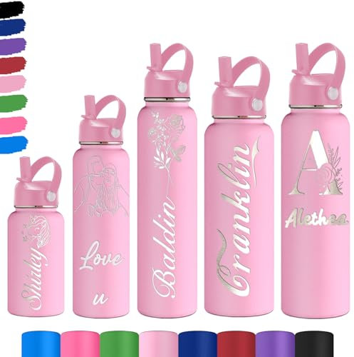Gourde Personnalisable pour Enfant - Gourde PersonnaliséE Bouteille D'Eau Avec Nom - Gourde Isotherme Personnalisable GravéE Avec Paille pour L'éCole Le Sport Le Bureau L'ExtéRieur