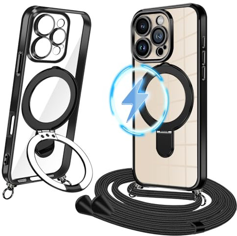 XCYYOO Handykette für iPhone 15 Pro Max Hülle mit Band [Kompatibel mit MagSafe] Handyhülle iPhone 15 Pro Max mit Kette Silikon Transparent Schutzhülle zum Umhängen iPhone 15 Pro Max Case mit Ständer