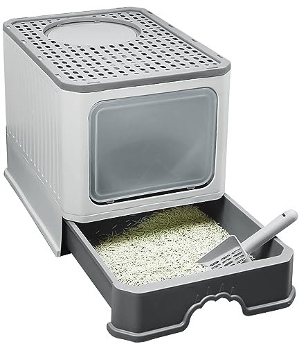 Arenero Grande de Plástico Resistente con Cubierta de Tapa Abatible,Bandeja de Arena Higiénica para Mascotas, Entrada Principal y Salida Superior -50 * 35 * 38CM-Gris