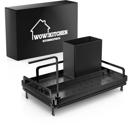 WOW!Kitchen® Organiseur d'évier en acier inoxydable noir – Antidérapant, anti-rayures et peu encombrant – Organiseur d'évier avec système d'emboîtement