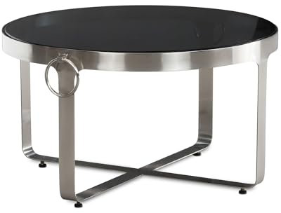 FineBuy Couchtisch Glas Metall 60x60x34 cm Sofatisch Silber, Design Wohnzimmertisch Rund mit Griffen, Kleiner Kaffeetisch Modern, Beistelltisch Anstelltisch Wohnzimmer