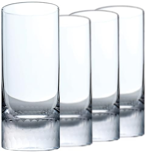 Amehla Hive Handmade Collins Glasses, 14oz Highbrow Crystal Highball Glasses for Home & Restaurant, Honeycomb Hammered Base, Thick Weighted Bottom (14oz Highball, 2, Count)