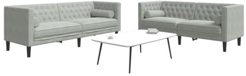 Willood 2-Sitzer Sofa Chesterfield Sofa Set mit Nackenrollen Couch für Wohnzimmer Wohnzimmersofa Wohnzimmermöbel Hellgrau Samt