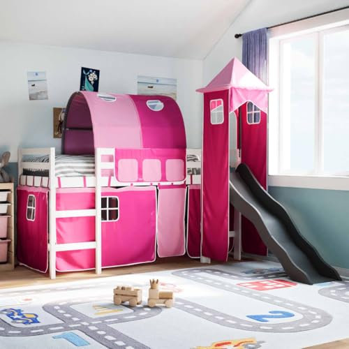 LLEZKBR Furniture select-Kids Hochbett mit Turm rosa 90x200 cm Massivholz Kiefer