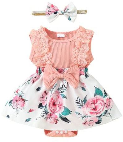 HEOXIN Vestiti Neonato Femmina Set, Pizzo Senza Maniche Bottoni Pressione Fiocco Collo Rotondo Vestito per Neonato Fascia per Capelli, Set di Vestiti per Bambini Abiti Rosa a Balze, 0-3 Mesi