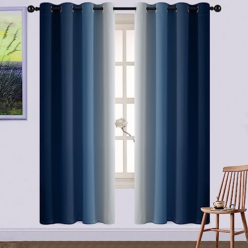 Yakamok 72 Inch Length Light Blocking Grommet Window Drapes,Blue and Greyish White Room Darkening Gradient Color Curtains for Bedroom(2 Panels, 52x72 Inch)