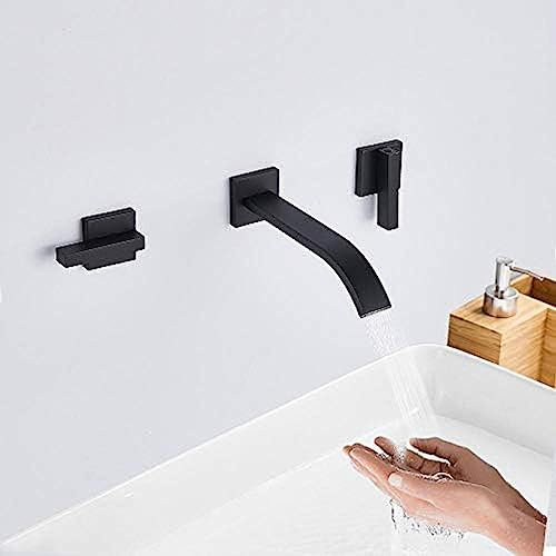 HGRYNDRO Schwarzer Wasserfall-Badezimmerhahn zur Wandmontage mit Doppelgriffen, Waschtisch-Mischbatterie für verdecktes Waschbecken, Warm- und Kaltwasserhahn
