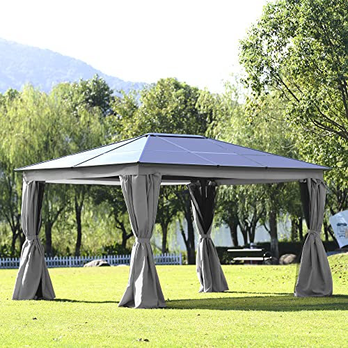 Aluminium-Pavillon für den Außenbereich mit Hardtop-Baldachin, Sichtschutzvorhänge, Doppeloberseite, Gartenpavillons mit Netz für Terrasse, Rasen und Partys, verbesserter Stil, 10,2 x 7,6 cm