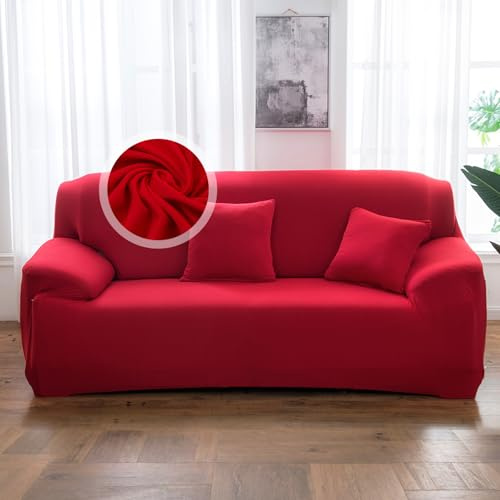 VanderHOME Sofa Überzug 2 Sitzer, Einfarbiger Stretch Sofahusse, Sofaschoner rutschfest, Couch Bezug Schutz Katze, Maschinenwaschbarer Couchschoner (2 Sitzer, Großes Rot)