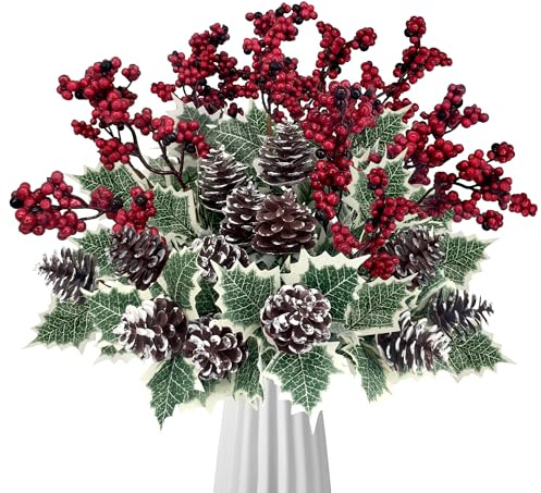 4 fasci di fiori artificiali, decorazione natalizia, bacche rosse, rami di Natale, fiori artificiali, bouquet di bacche rosse, decorazione natalizia (rosso, verde)