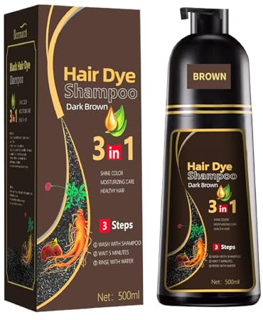 Hair Dye Shampoo 3 En 1, Champú Para Tinte De Pelo Castaño Oscuro, Champú De Color Para El Cabello Instantáneo, Cubre Canas, Para Mujer Y Hombres, 500ml (Marrón Oscuro)