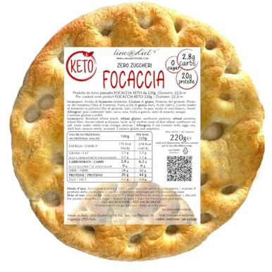 KETO FOCACCIA Line@diet | Focaccia artigianale da 220g ad alto contenuto di PROTEINE | 2,8% carboidrati, 44g di proteine, 0 zuccheri