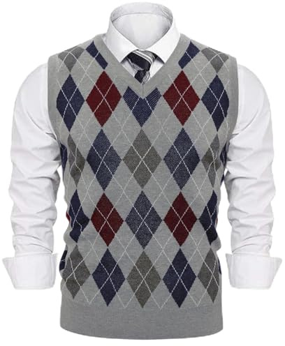 Sykooria Homme Argyle Gilet sans Manches col V Pull Classique Gentleman Tricots Débardeurs Décontractée en Tricoté Veste Cardigan pour Automne Hiver