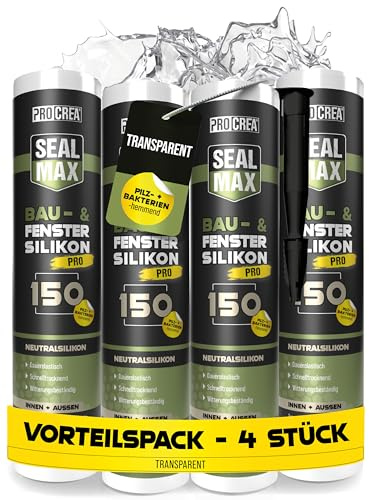 PROCREA® 4x Premium Bausilikon 150 (transparent) [Allwetter-Silikon] Neutrales Universal-Silikon mit fungizider Ausstattung - Farbe transparent auch für Sanitär geeignet - Profi-Qualität