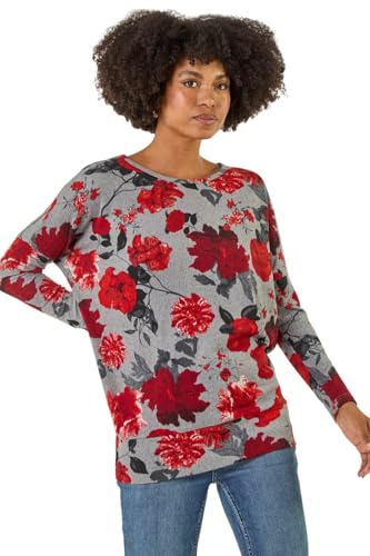 Roman Originals Blouson Top for Women UK Ladies Drop Shoulder Long Sleeve Jersey Stretchy Oversized Casual Office Jumper Soft Everyday Sweater Lounge Sweatshirt Blouses - Red Grey - Size 18