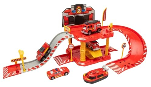 Garage de Pompier 40 pièces à Assembler avec 1 Voiture, Rampe, Accessoires et Autocollants - Couleur Rouge