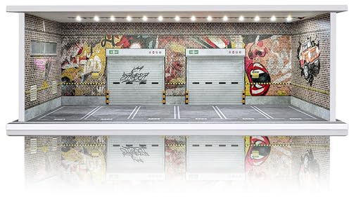 Saichotoy 【Vitrine für Hot Wheels】Stapelbare Parkgarage für 1/64 Maßstab Matchbox Spielzeugauto, FoamBoard Lagerung für Monster Trucks mit LED-Licht und Acrylabdeckung, Silent Scream