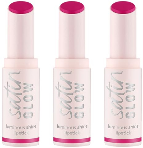 essence satin GLOW luminous shine lipstick, Nr. 08, Violett, strahlend, farbintensiv, vegan, ohne Parabene, ohne Mikroplastikpartikel, Nanopartikel frei, 3er Pack (3x3.5g)