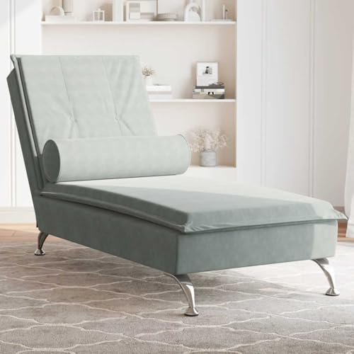 PHGTYUK Massage-Chaiselongue mit Nackenrolle Hellgrau Samt Vibrationsfunktion und verchromten Metallbeinen für Stabilität und Elegante Wohnraumgestaltung