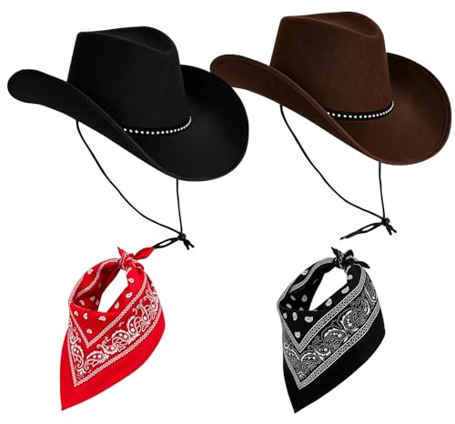 Lotiaan Cowboy Hats for Men and Women with Bandana Scarf, Unisex Western Hats Set, Cowboy Hat Cowgirl Hat Fancy Dress, Texan Costume Accessories for Adults, for Halloween Birthday Cosplay Party (C)