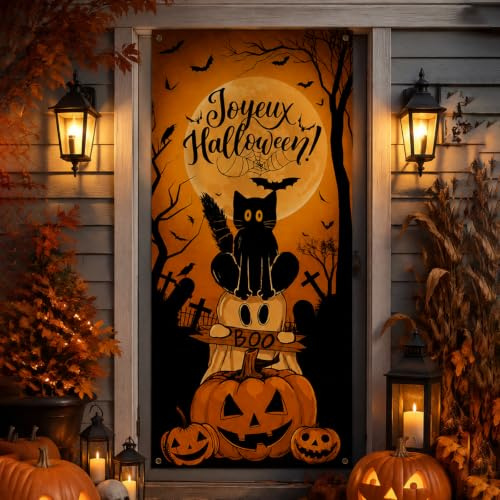 Cortina Halloween 180 x 90 cm, decoración de Halloween, puerta de gato, color negro calabaza, decoración de Halloween, decoración para entrada de pared y ventana