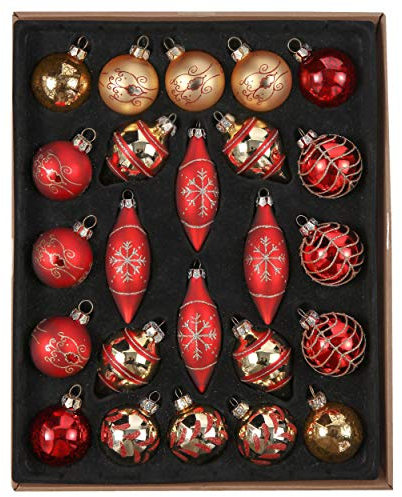 Valery Madelyn 24 Pcs 70-107mm Luxury Red Gold Glass Christmas Baubles Tree Decorations Novelty Ball Ornaments, 24 Pcs Metal Hooks Included, Themed with Tree Skirt (Not Included)